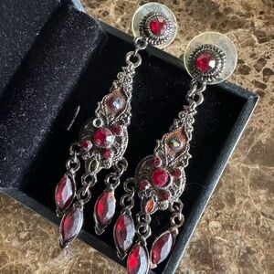 Boho Style Silver and Red Dangle Pierced Earrings